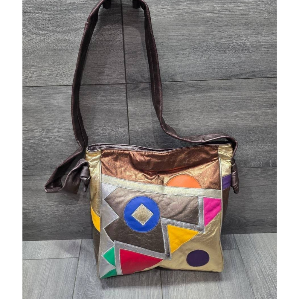 Vintage AVANTE Suede Pop Art preppy Y2K Patch Work Crossbody Bag Multi B000722
